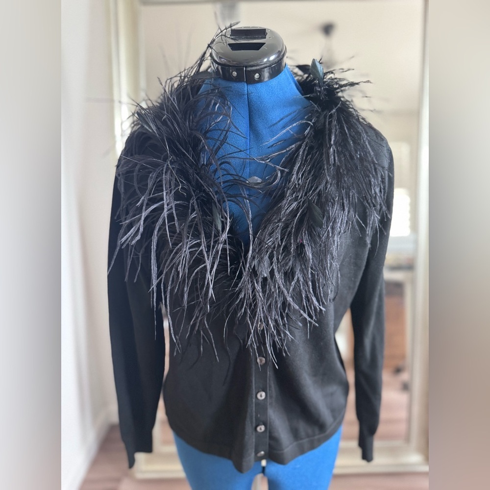 90s TINA HAGEN Black Silk Button Down Faux Feather Collar Cardigan Sweater Sz M